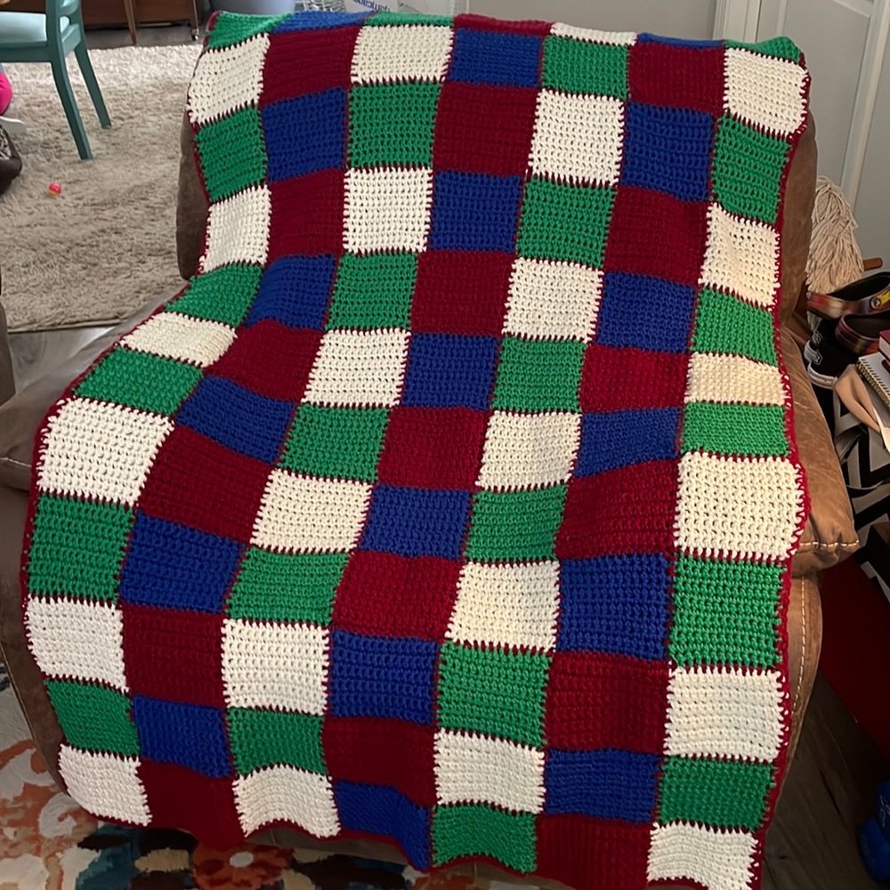 “Winter Lights” Homemade Crocheted Throw- Blue-Green-Burgundy-White-OS